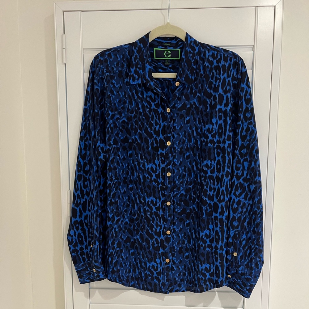C.Wonder silk button down in beautiful blue leopard print.